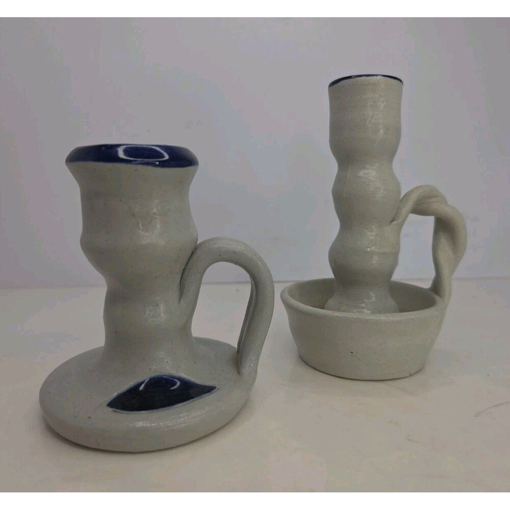 Vintage Williamsburg Salt Glazed Pottery CANDLE HOLDERS One w/Twisted Handle